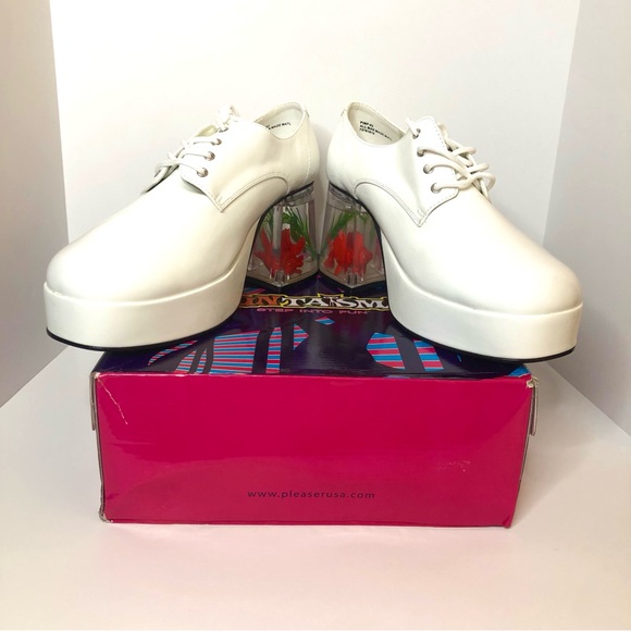 Pleaser - Funtasma Pimp-02 White Patent Platform Shoes with Aquarium Heel - Men - Picture 10 of 14